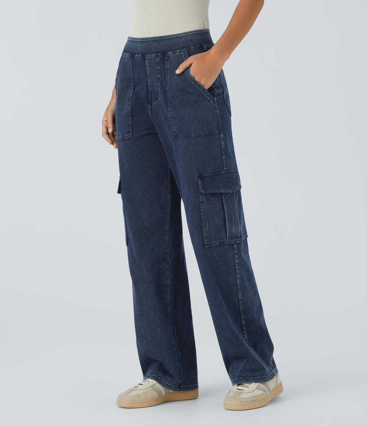 Mid Rise Multi Pockets Straight Leg Stretch Casual Cargo Jeans