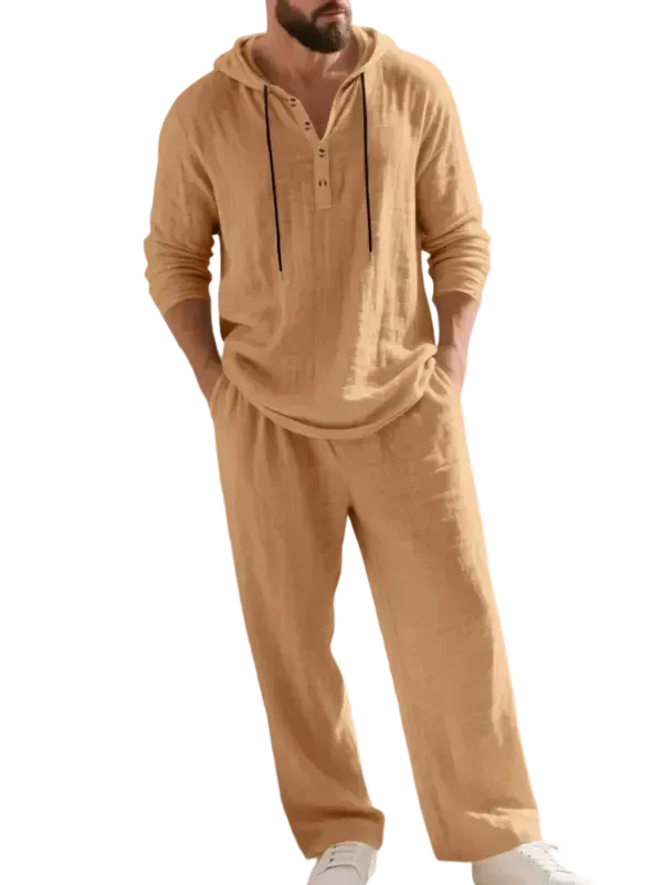 Linen Men's Hooded Casual Loose Top & Pants 2-Piece Set
