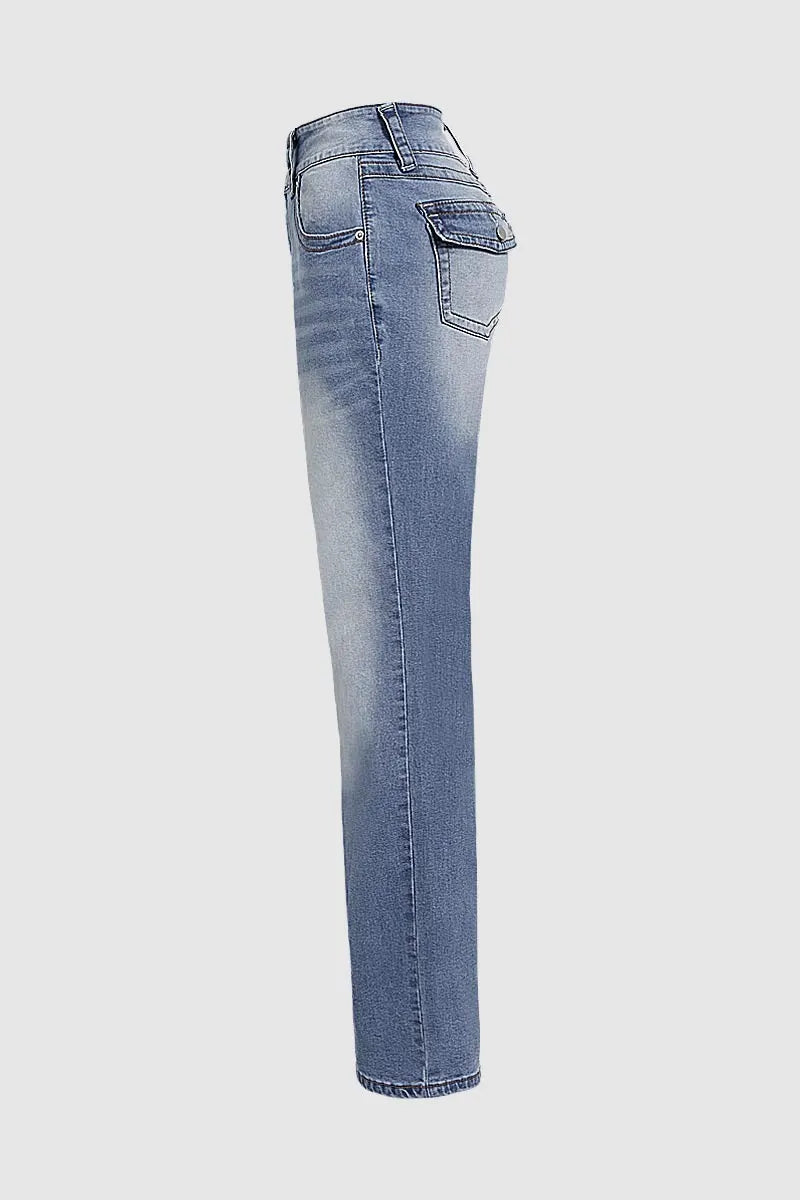 Double Button Mid Waist Straight Leg Jeans
