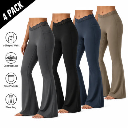 Women's UltraSculpt V-Shaped High Waisted Contrast Lace Yoga Flare Leggings with Pockets