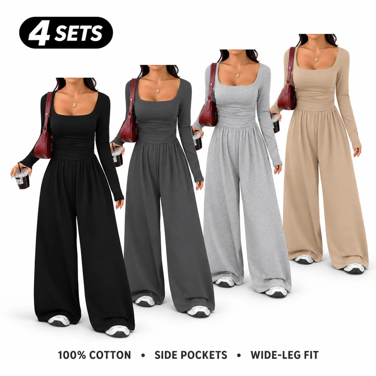 Women's 100% Cotton Long Sleeve Knit Wide-Leg Jumpsuit with Pockets