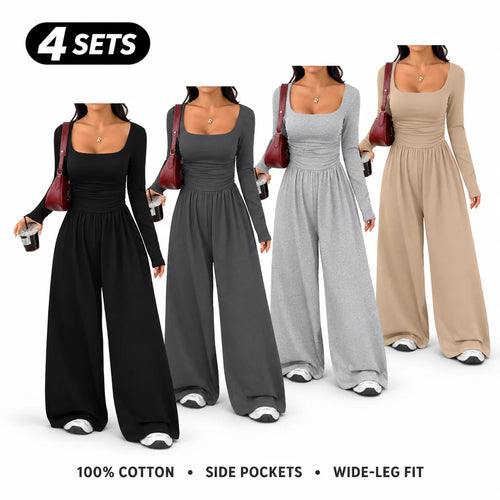Women's 100% Cotton Long Sleeve Knit Wide-Leg Jumpsuit with Pockets