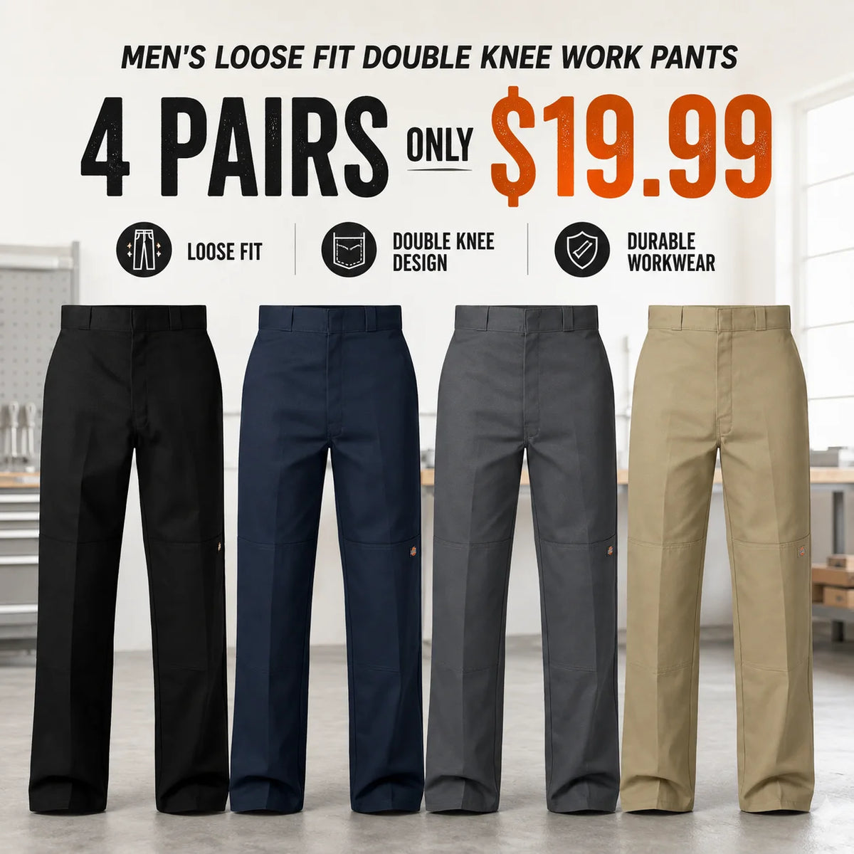 Men's Loose Fit Double Knee Work Pants