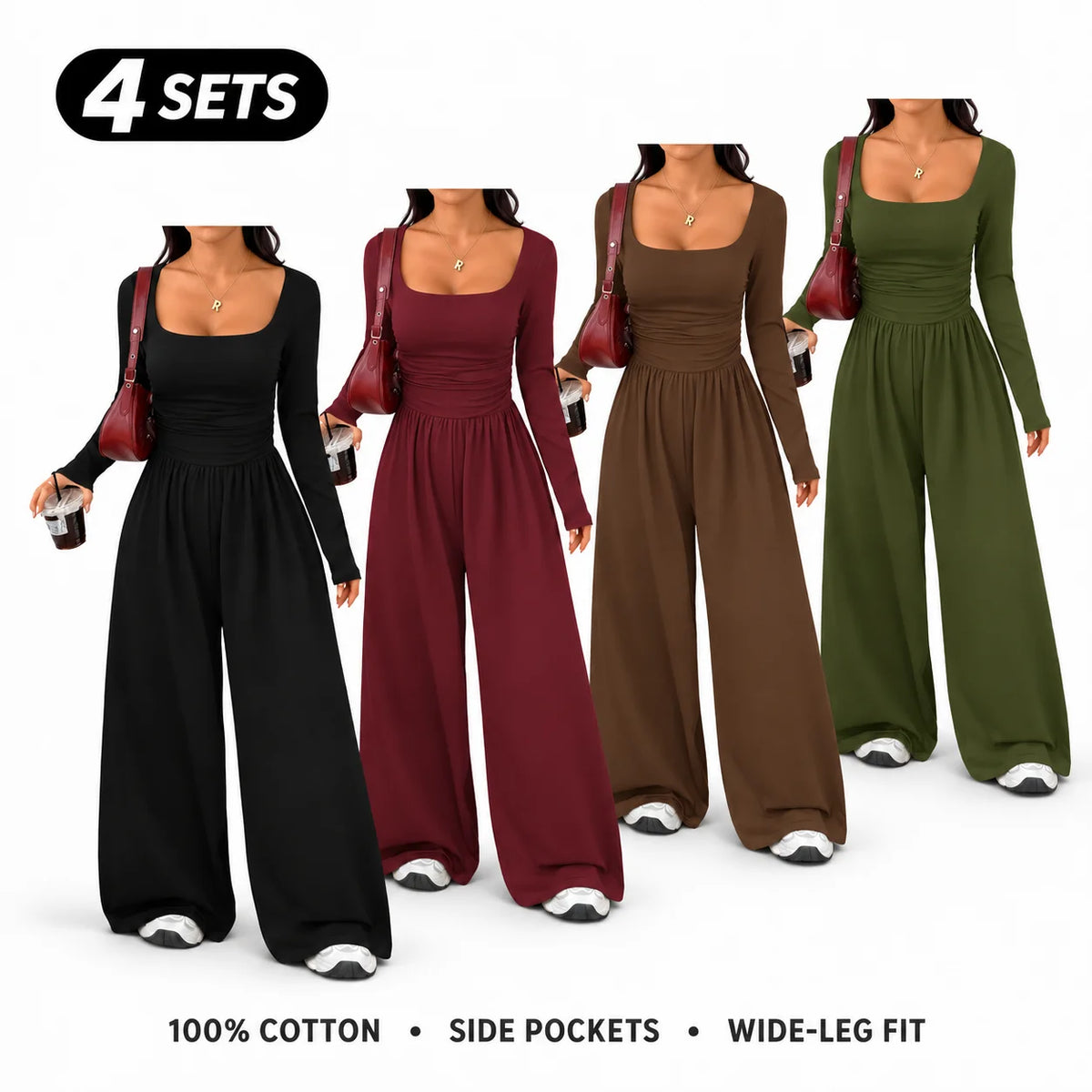 Women's 100% Cotton Long Sleeve Knit Wide-Leg Jumpsuit with Pockets