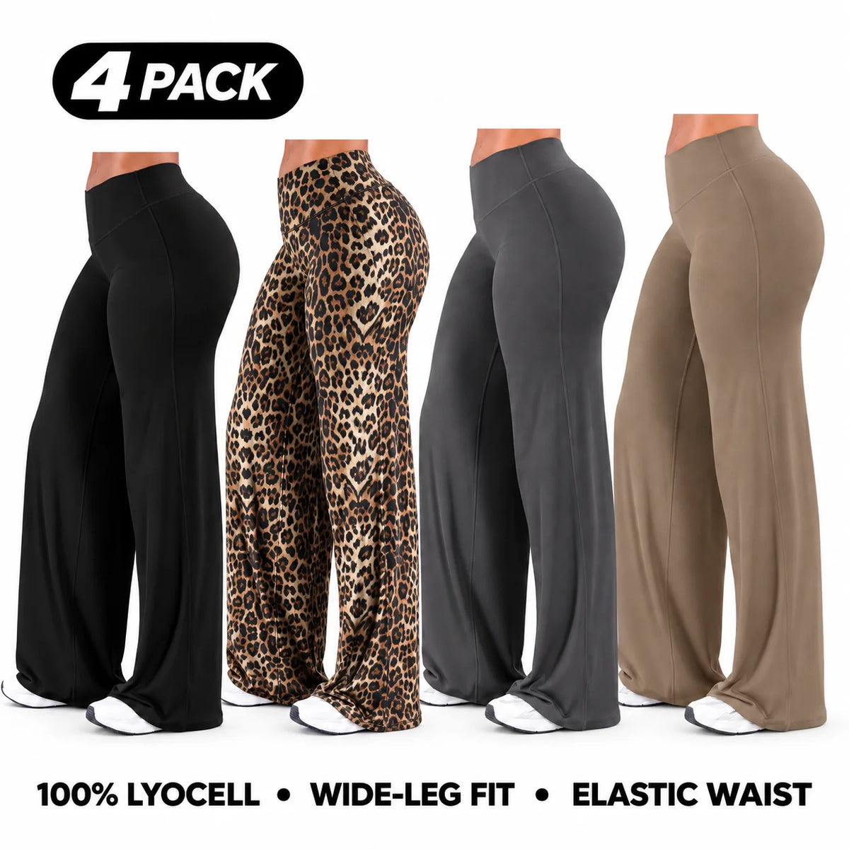 Women’s 100% Lyocell Leopard-Print Wide-Leg Pants with Elastic Waist