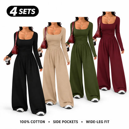 Women's 100% Cotton Long Sleeve Knit Wide-Leg Jumpsuit with Pockets