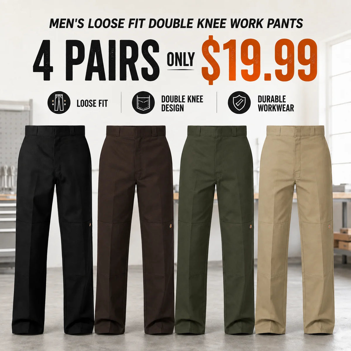 Men's Loose Fit Double Knee Work Pants