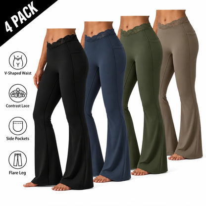 Women's UltraSculpt V-Shaped High Waisted Contrast Lace Yoga Flare Leggings with Pockets