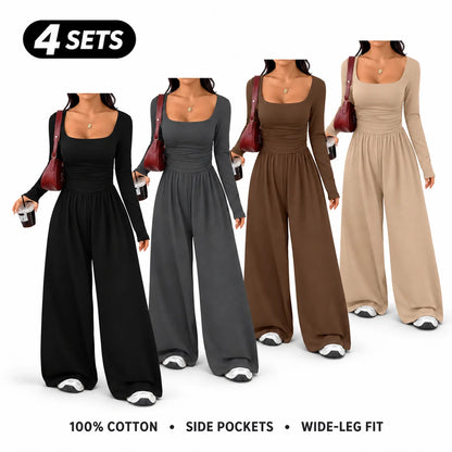 Women's 100% Cotton Long Sleeve Knit Wide-Leg Jumpsuit with Pockets