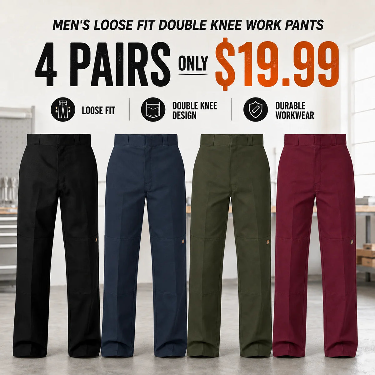 Men's Loose Fit Double Knee Work Pants