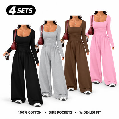 Women's 100% Cotton Long Sleeve Knit Wide-Leg Jumpsuit with Pockets