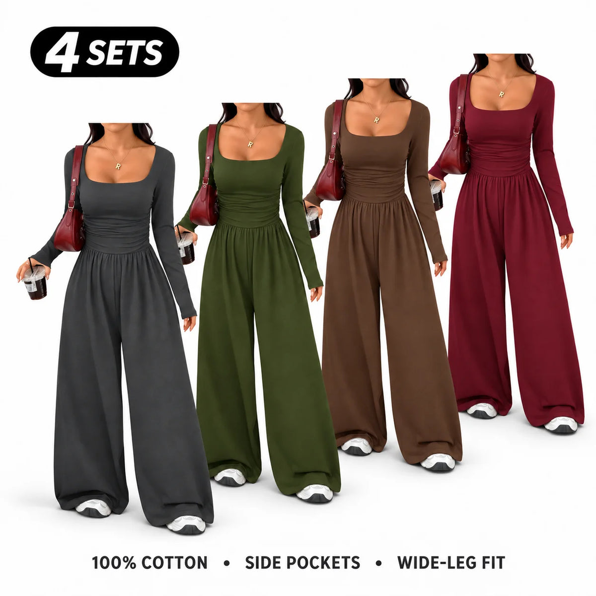 Women's 100% Cotton Long Sleeve Knit Wide-Leg Jumpsuit with Pockets