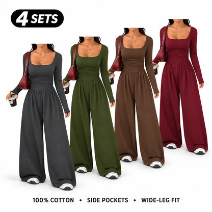 Women's 100% Cotton Long Sleeve Knit Wide-Leg Jumpsuit with Pockets