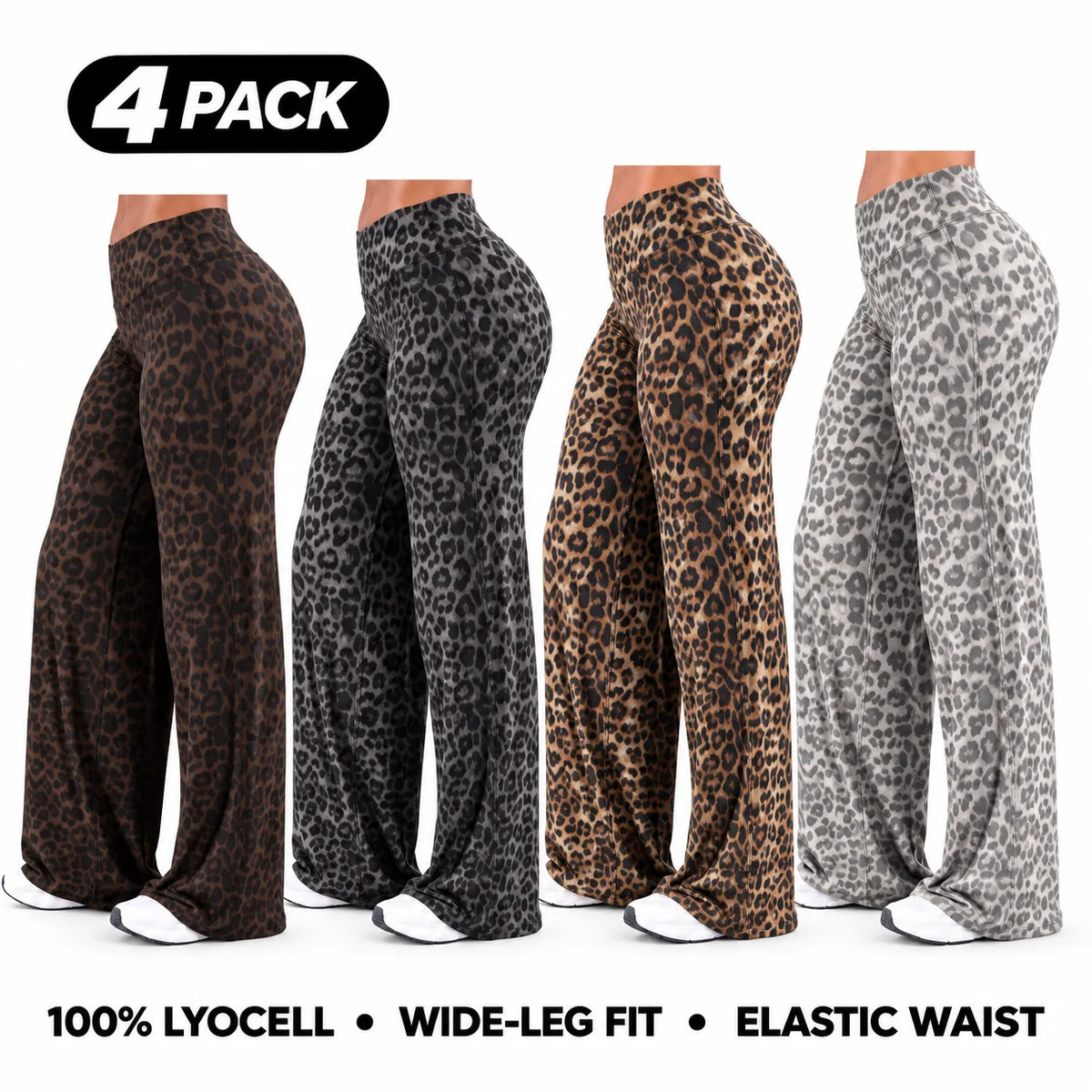 Women’s 100% Lyocell Leopard-Print Wide-Leg Pants with Elastic Waist