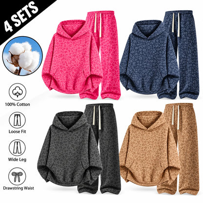 Men's 100% Cotton 2-Piece All-Over Leopard Print Streetwear Set - Loose-Fit Hoodie & Wide-Leg Pants