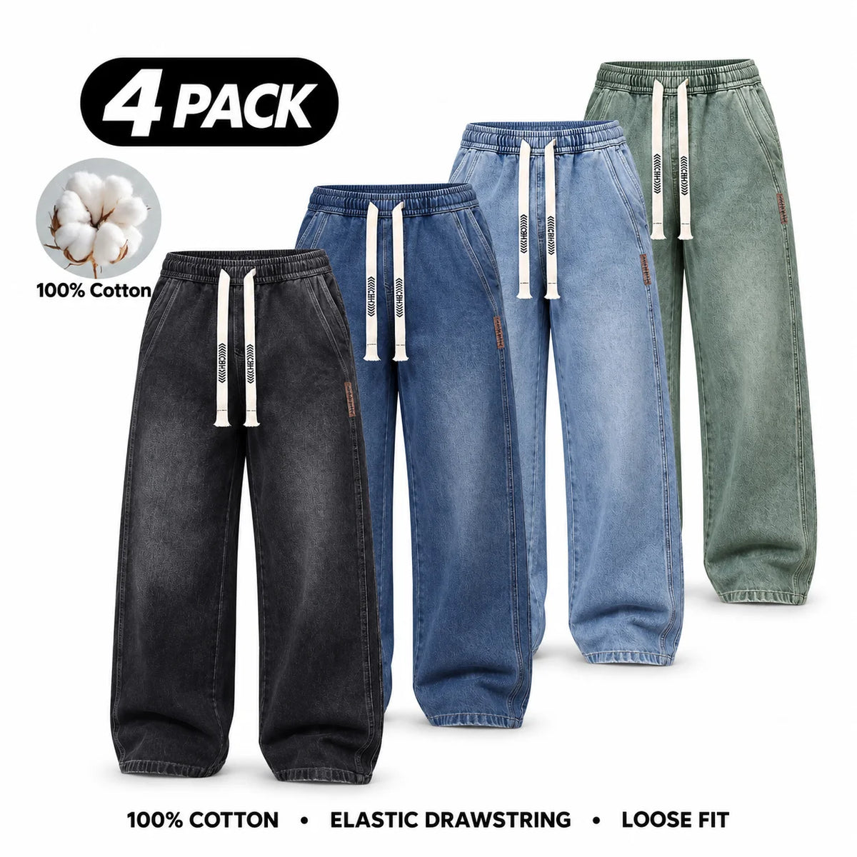 Men's Stretch 100% Cotton Loose Fit Jeans with Elastic Drawstring Waist
