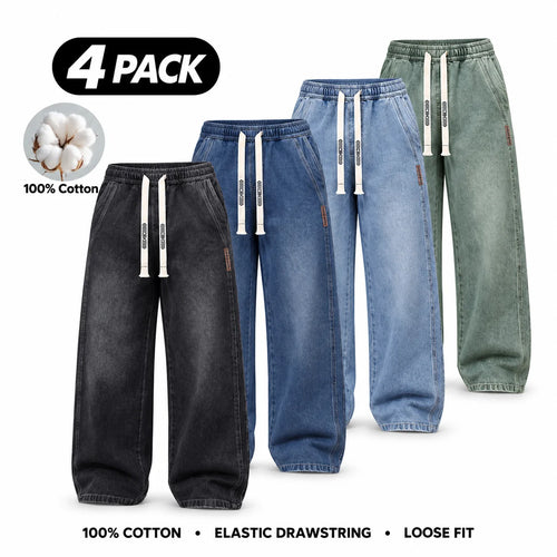 Men's Stretch 100% Cotton Loose Fit Jeans with Elastic Drawstring Waist