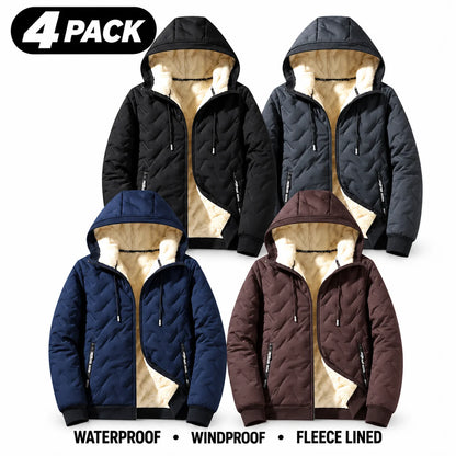 Men's Waterproof Windproof Fleece-Lined Hooded Jacket with Textured Fabric