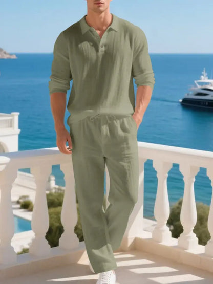 Men's Natural Linen Casual Set, Polo Neck Shirt & Loose Long Pants