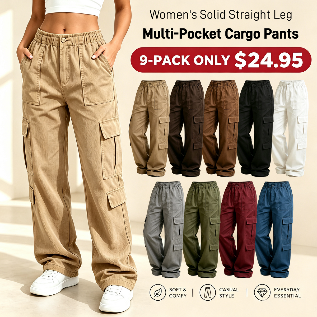 LAST DAY SALEWomen's Solid Straight Multi-Pocket Cargo Pants