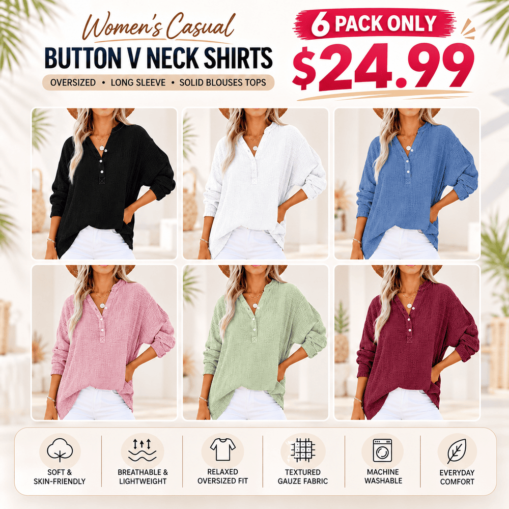 Womens Casual Button V Neck Long Sleeve Shirts Oversized Solid Blouses Tops