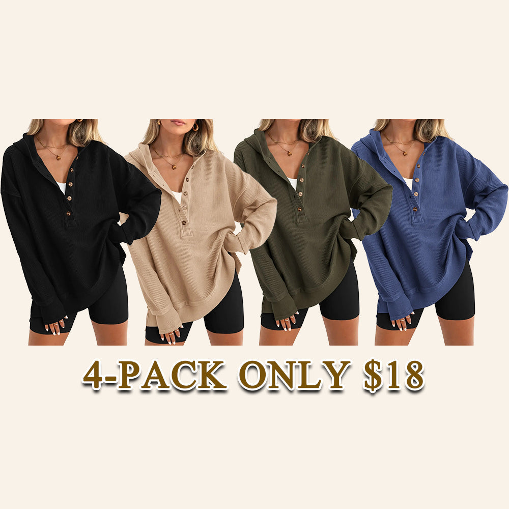 Women's Oversized V-Neck Hoodie – Relaxed Button Pullover with Side Slits