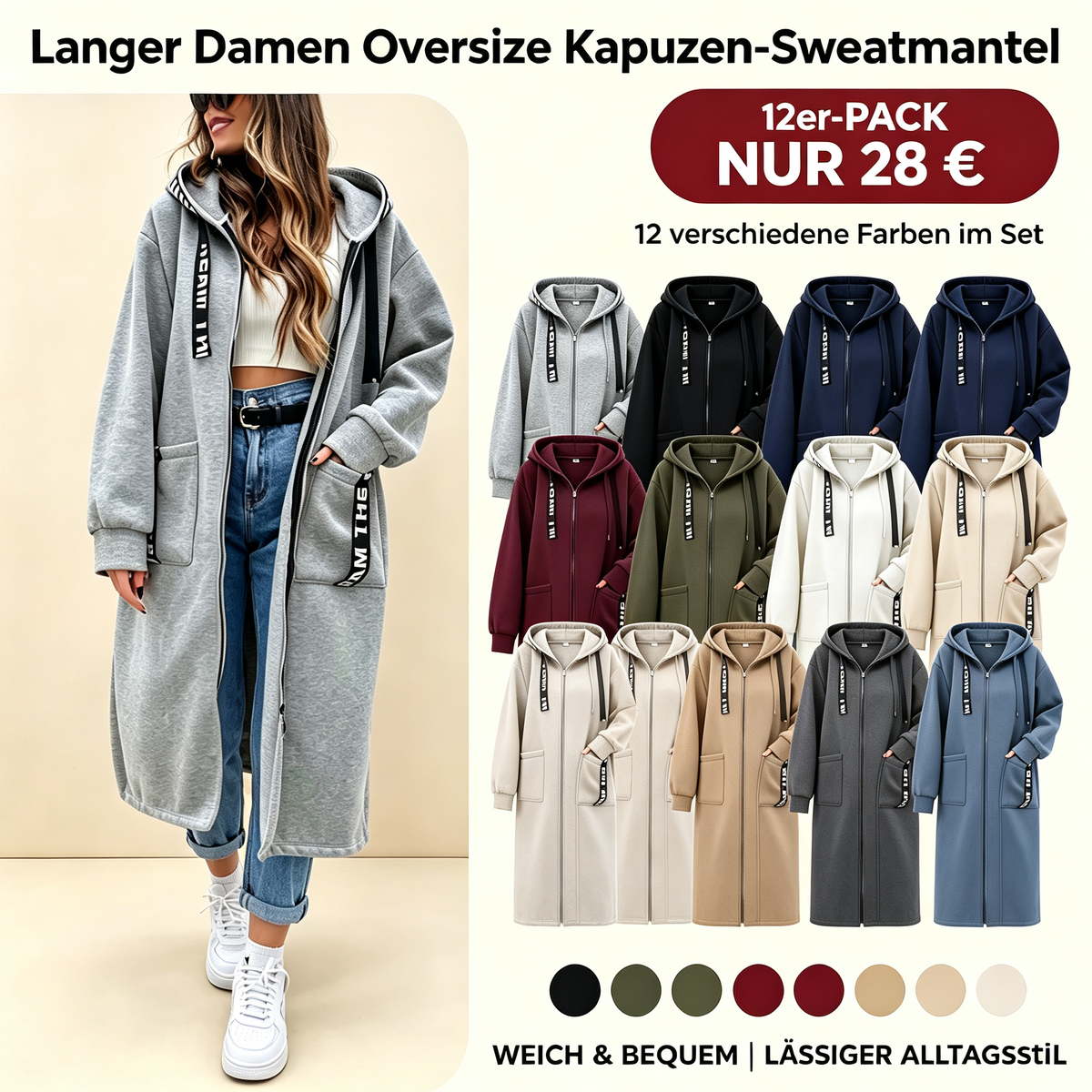 Oversize-Kapuzen-Sweatshirt-Mantel für Damen