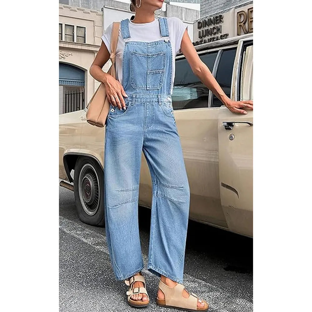 Wide-Leg Denim Overalls Loose Straight Overalls Jumpsuit