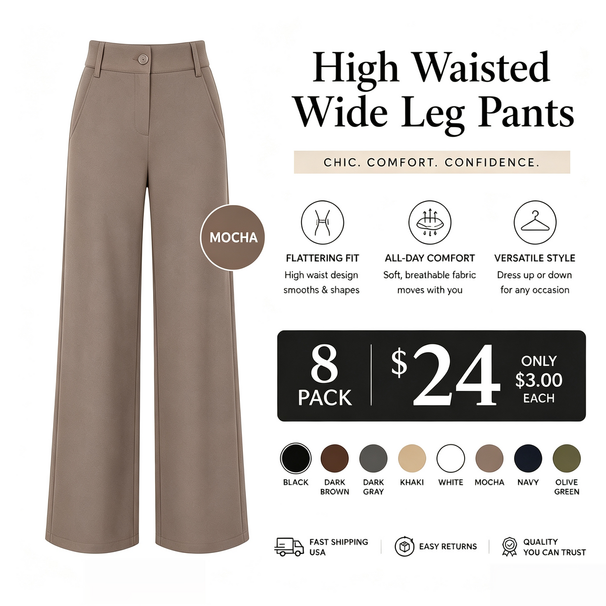 Women's High Waist Business Casual Pants - Loose Fit Work Trousers with Pockets
