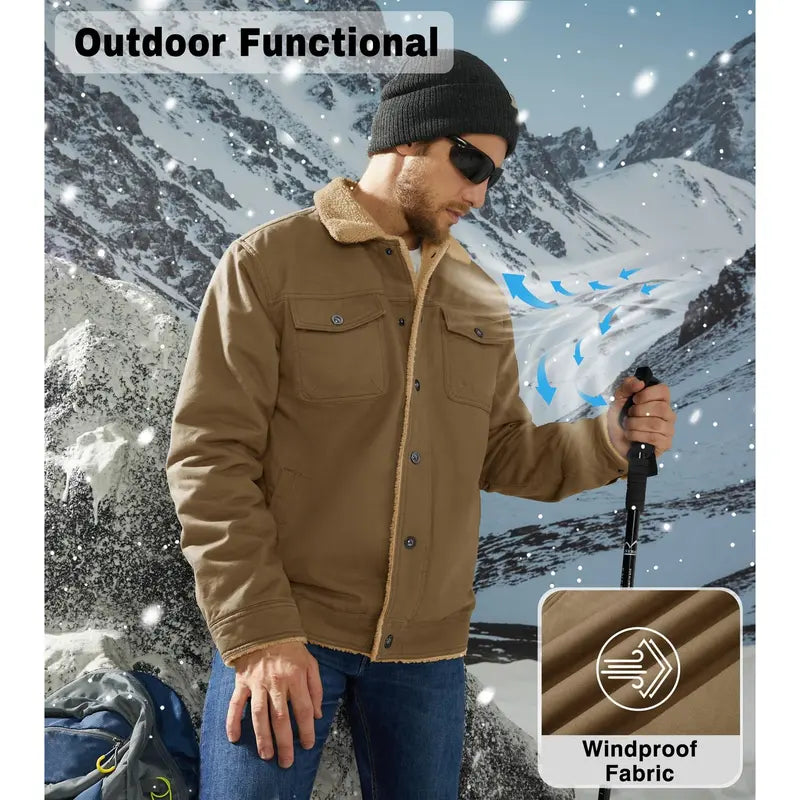 Men's Fitted Sherpa-Lined Soft Cotton Fleece Windproof Trucker Cargo Jacket