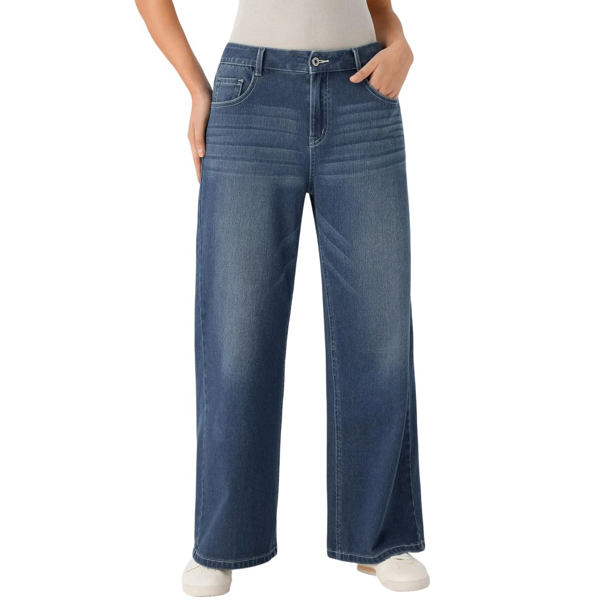 Low Rise Zip Pocket Washed Wide Leg Loose Casual Denim Jeans