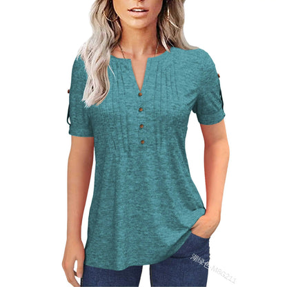 Women's Short Sleeve V-Neck Pleated Button Top