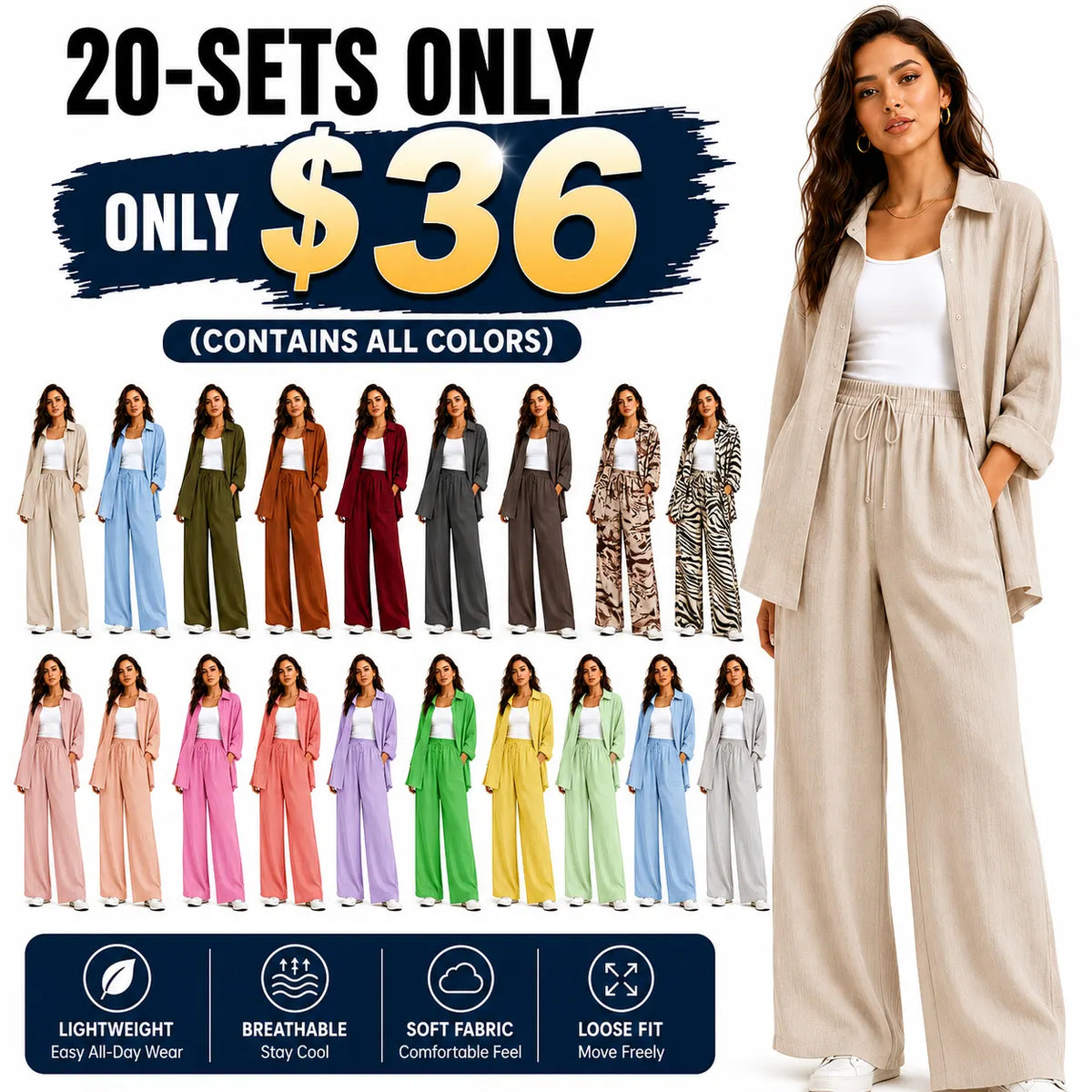 Women's casual athletic-style shirt and pants set—a two-piece ensemble featuring a loose-fitting button-down shirt and wide-leg pants, both comfortable and stylish
