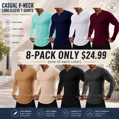 Men's slim-fit V-neck ribbed long-sleeved stretch T-shirt