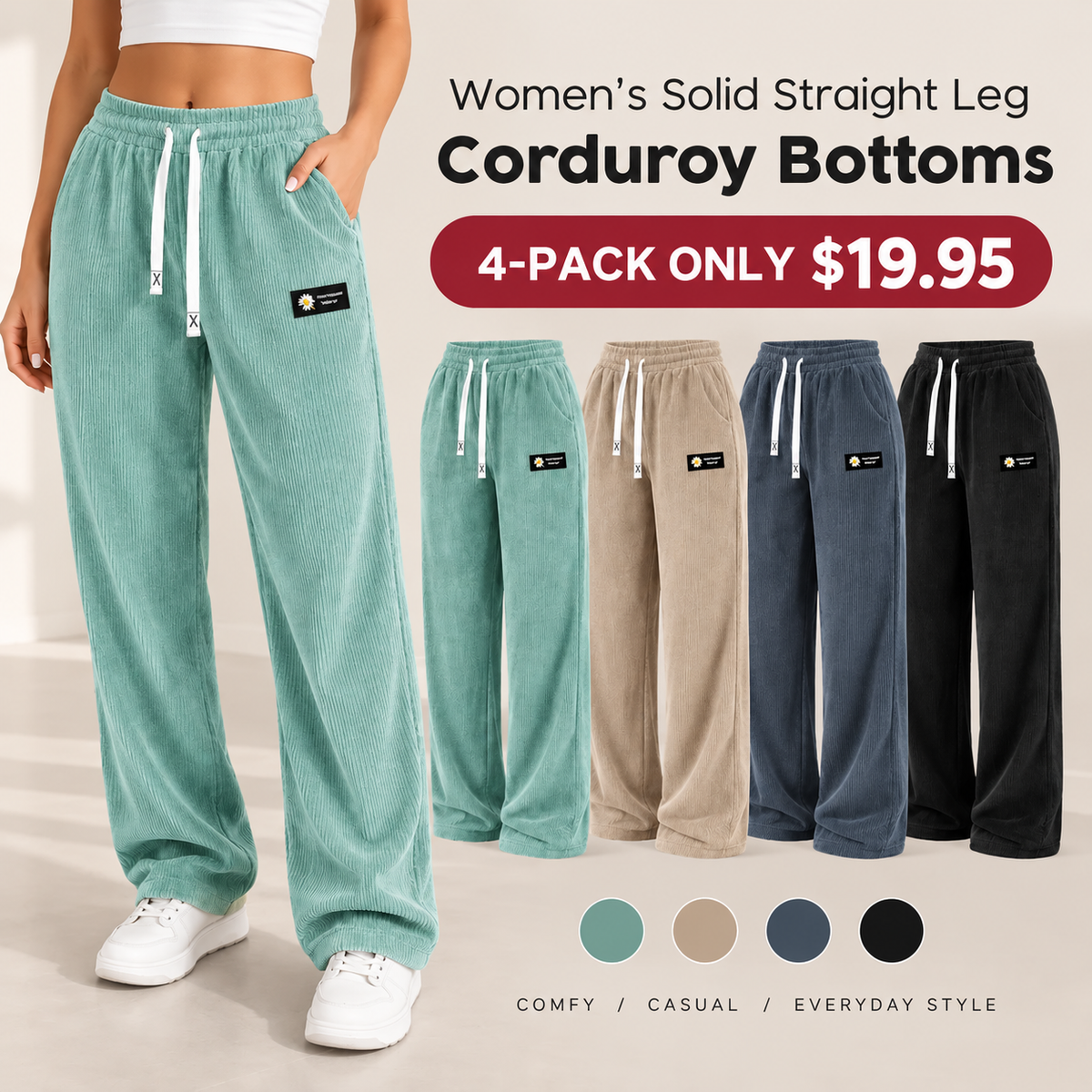 LAST DAY SALE⏰Women's Solid Straight Leg Corduroy Bottoms-100% Cotton