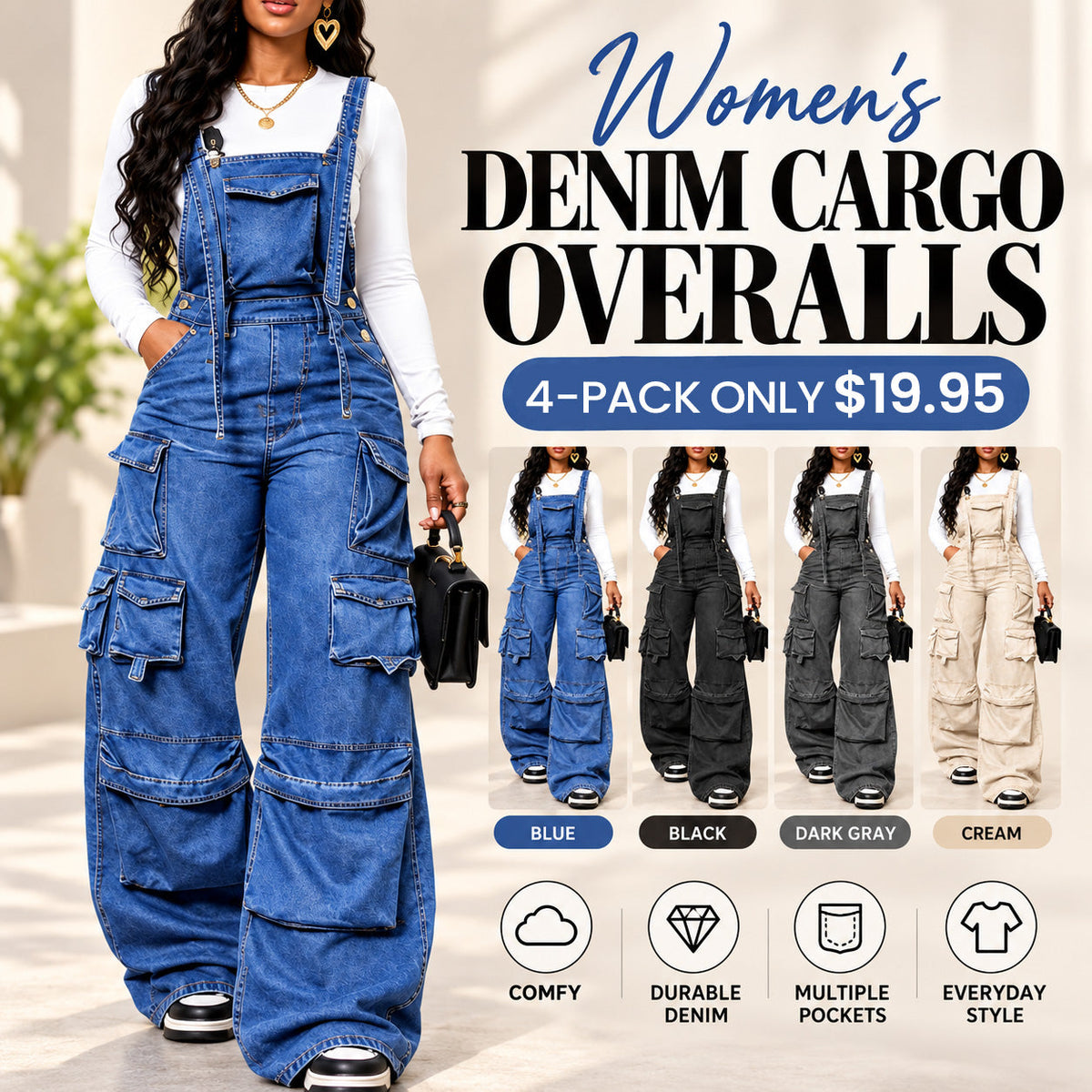 Women's Baggy Vintage Cargo Denim Overalls Jumpsuit