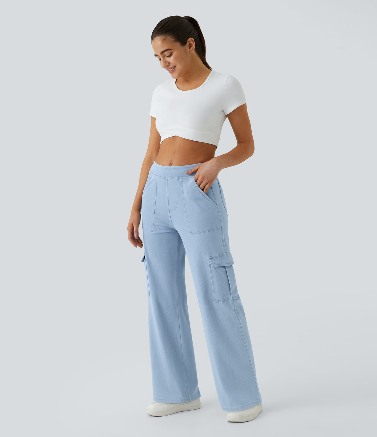 Mid Rise Multi Pockets Straight Leg Stretch Casual Cargo Jeans