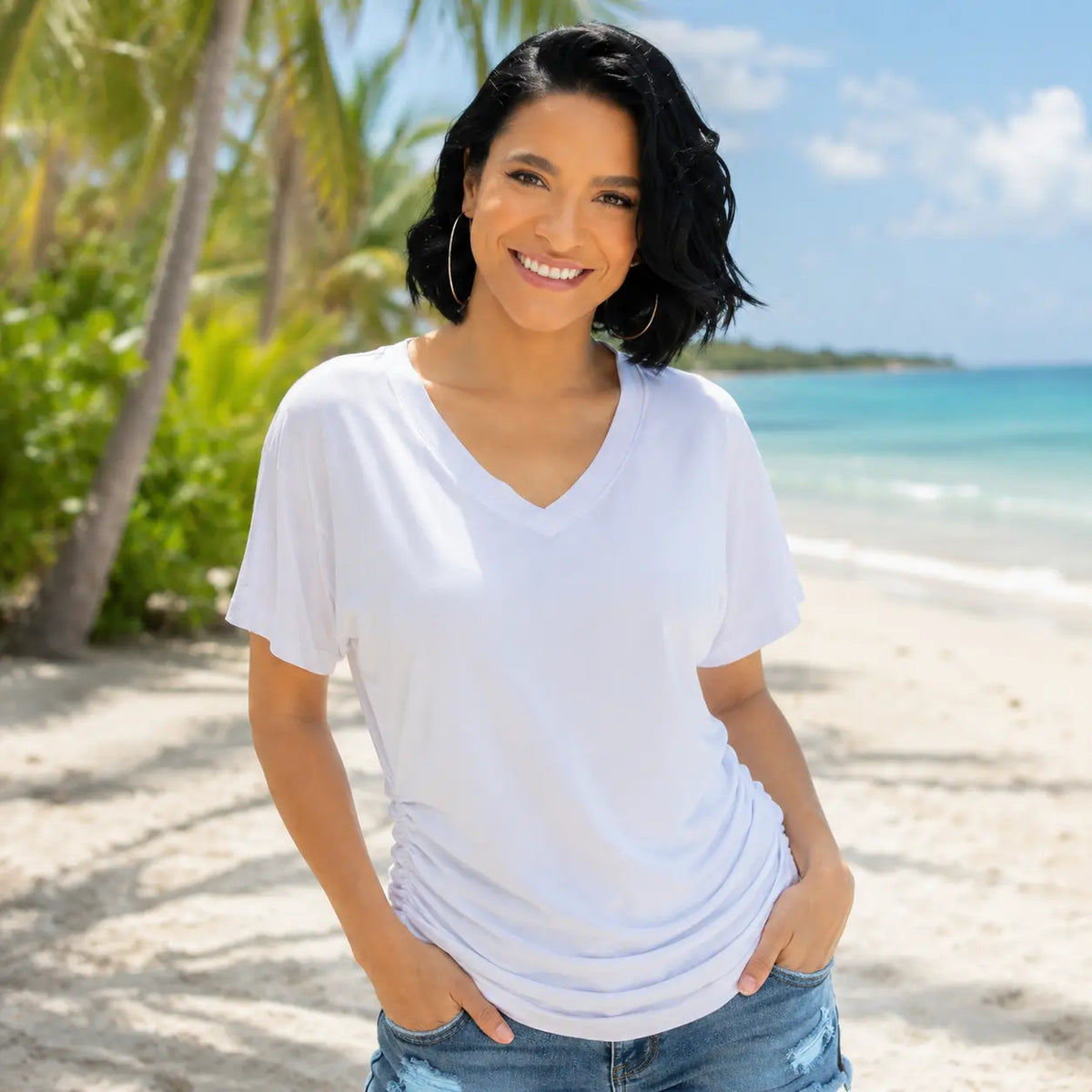 Soft V-Neck Loose Fit T-Shirt with Side Ruching