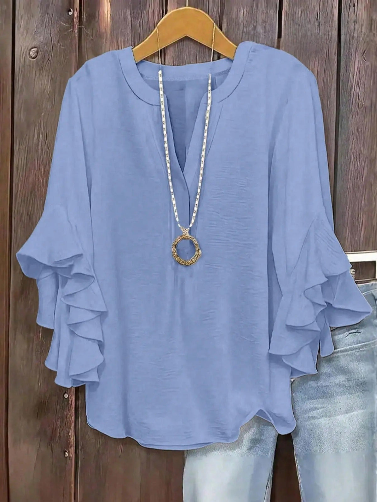 Plus Size Women's Ruffled Sleeve V-Neck Shirt Blouse Tops, Elegant Floral Design