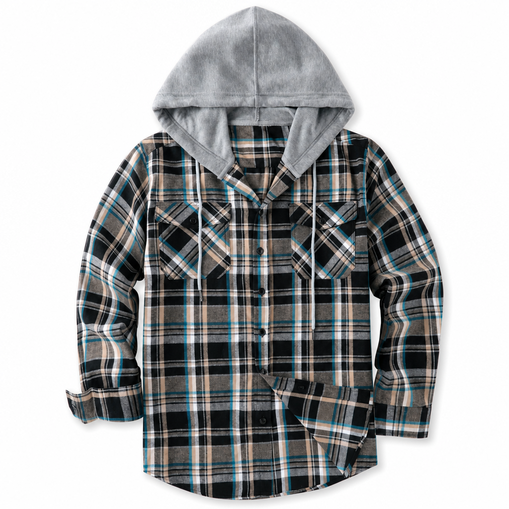 Men's Plaid Zip Up Hoodie Loose Fit American Style Brushed Hooded Sweatshirt