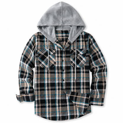 Men's Plaid Zip Up Hoodie Loose Fit American Style Brushed Hooded Sweatshirt