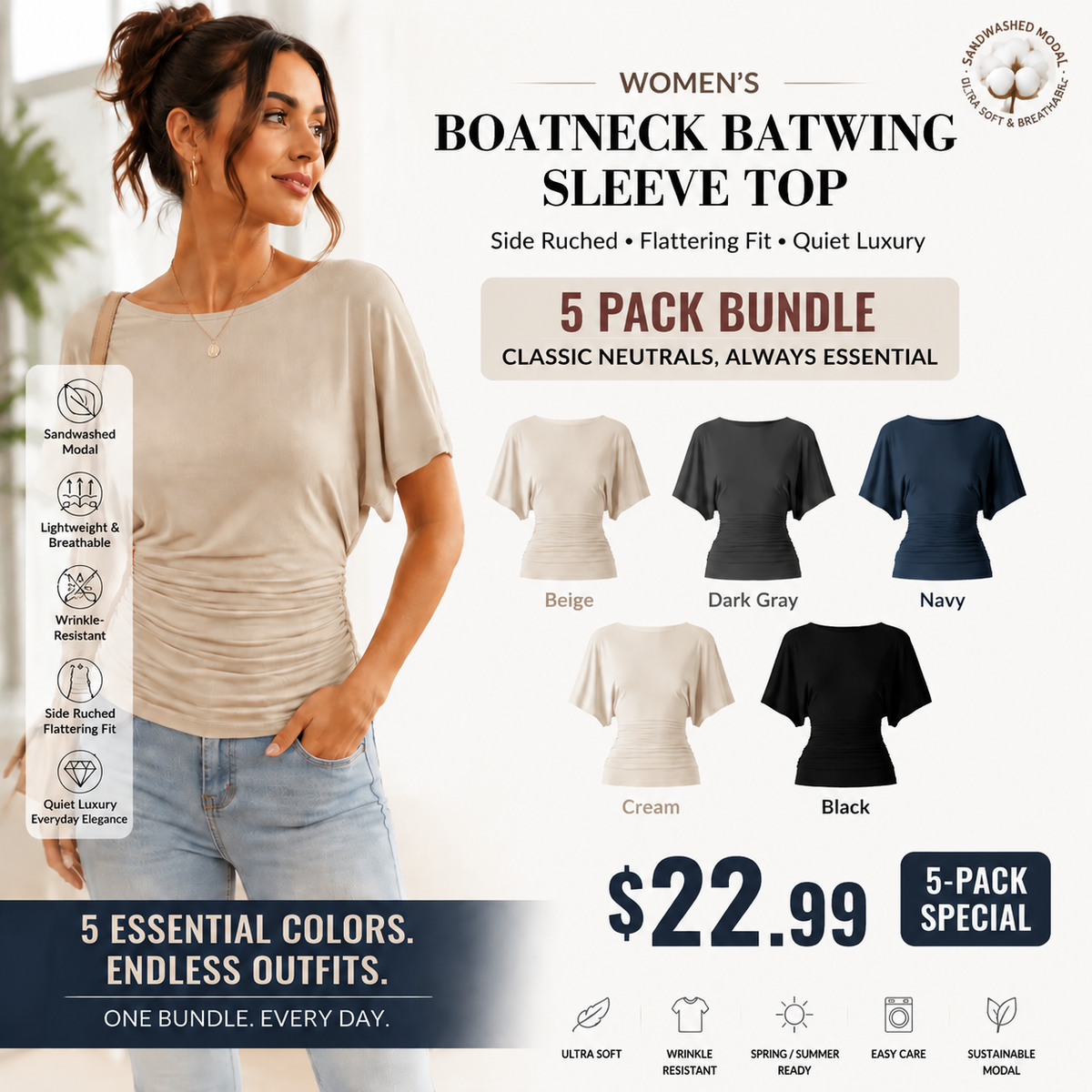 Women's Boatneck Batwing Sleeve Top