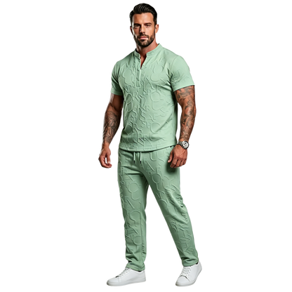 Men's Casual Textured Notched Neck Tee & Regular-Fit Drawstring Trousers
