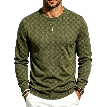 Men's Classic Plaid Knit Pullover with Textured Grid Pattern & Long Sleeves