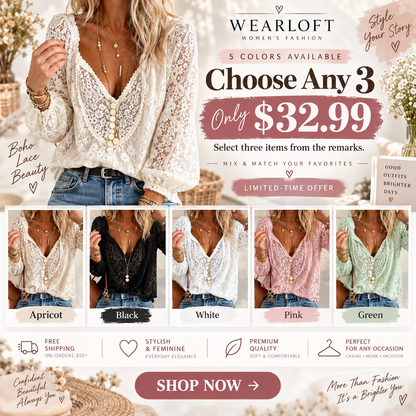 🌷 CHOOSE ANY 3 FOR ONLY $32.99! Luna Lace Elegance Top – 5 Colors to Mix & Match