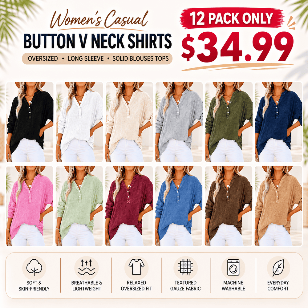 Womens Casual Button V Neck Long Sleeve Shirts Oversized Solid Blouses Tops