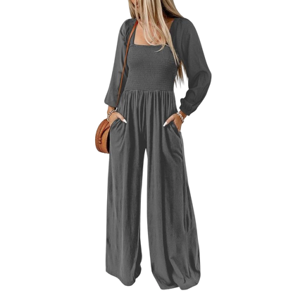 Women's Casual Loose Overalls Jumpsuits One Piece Long Sleeve Wide Leg Long Pant Rompers With Pockets