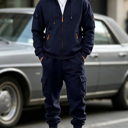 Men’s Cargo Tracksuit Set Full‐Zip Hooded Jacket + Pants (Polyester)