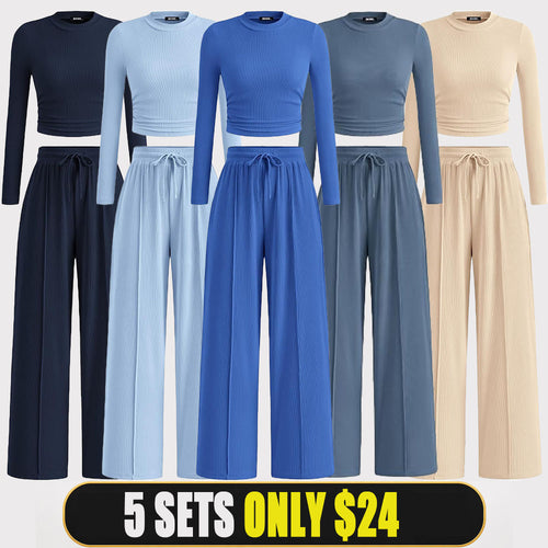 2-Piece Ribbed Knit Long Sleeve Crop Top Wide Leg Pants Matching Lounge Set Loungewear