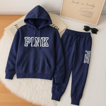 Women's Pink Print Hoodie And Drawstring Track Pants Set